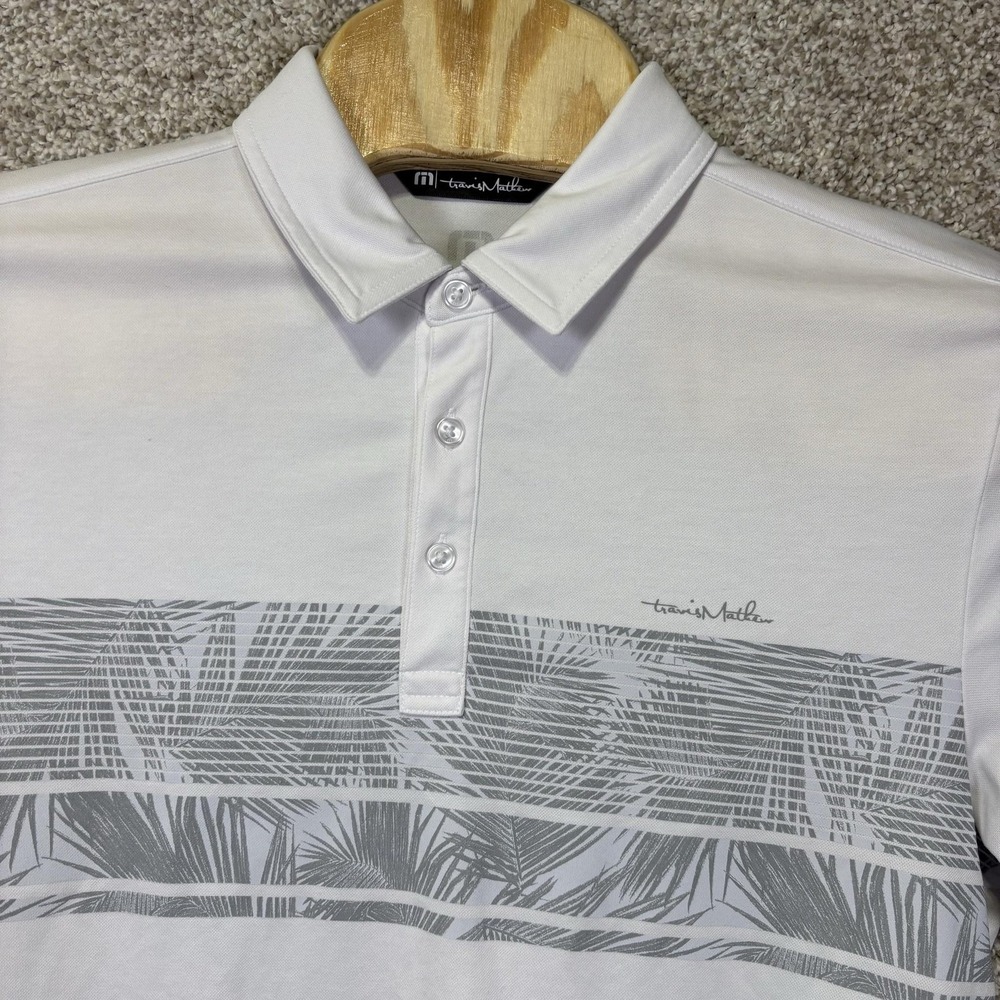 TravisMathew Polo Shirt Mens Medium White Palm Stripe Bali Hai Golf Performance